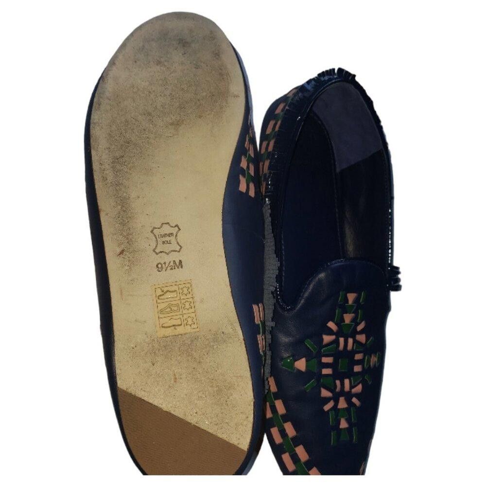 Designer SH126 Tory Burch Leather Fringed Navy Print Loafers 9.5 Size US 9.5 / IT 39.5 - 6 Thumbnail