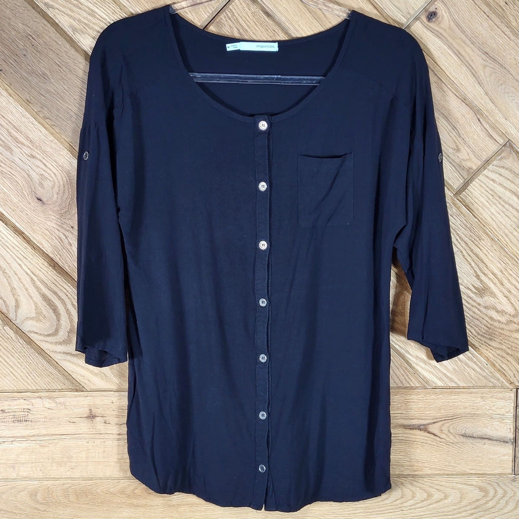 Vintage Maurices Button Front Top Women Size M Roll Tab Sleeve Pocket Black Size M / US 6-8 / IT 42-44 - 2 Thumbnail