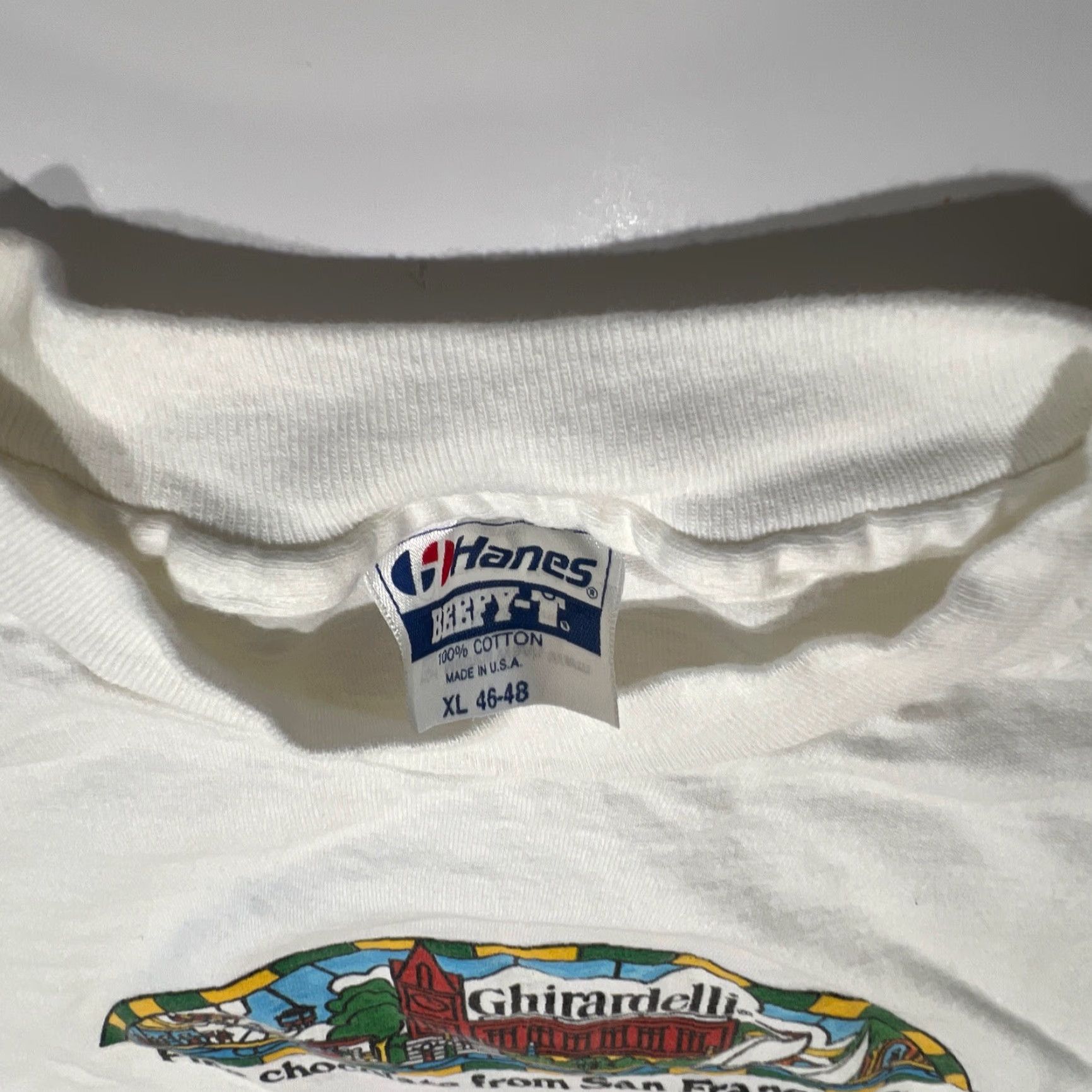 Hanes VINTAGE Hanes Ghirardelli Graphic Tee XL White 90s Fine Chocolate San Francisco Mens Unisex Size US XL / EU 56 / 4 - 6 Thumbnail