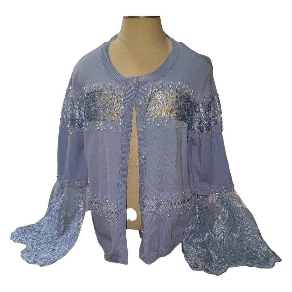 Designer CT418 Boston Proper Blue Lace & Pearl Simmer Cardigan XL Size XL / US 12-14 / IT 48-50 - 1 Thumbnail