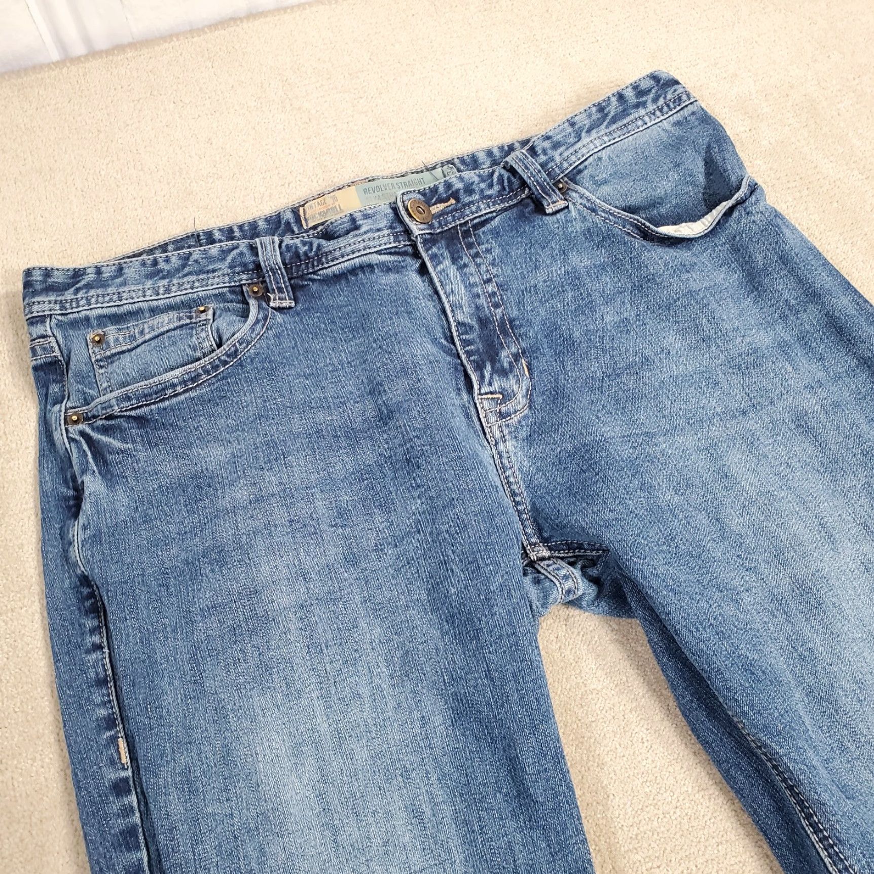 Vintage Rock & Roll Cowboy Jeans Vintage 46 Mens 38x32 Revolver Slim Straight Leg Rodeo Denim Blue Cotton Logo Pockets Size US 38 / EU 54 - 2 Thumbnail