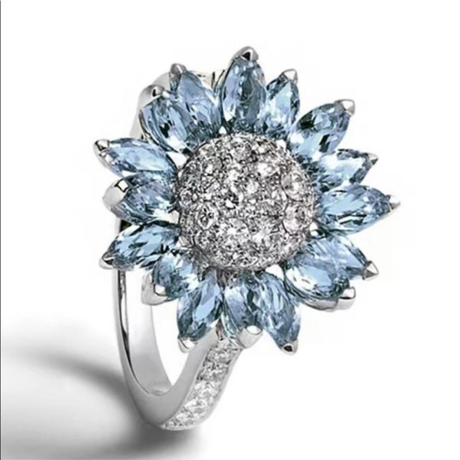 Designer Blue Zircon Crystal Sunflower Diamond Ring Size 5-10 NWT Size ONE SIZE - 3 Thumbnail