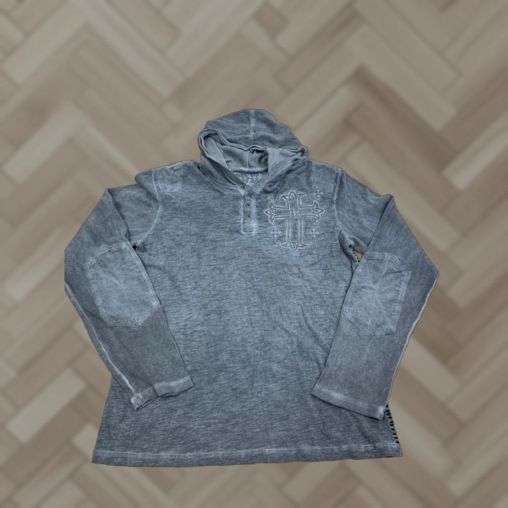 Affliction VINTAGE Affliction Hoodie Henley Lightweight Gray M Embroidered Cross Gothic Y2K 12453 Mens Size US M / EU 48-50 / 2 - 1 Thumbnail