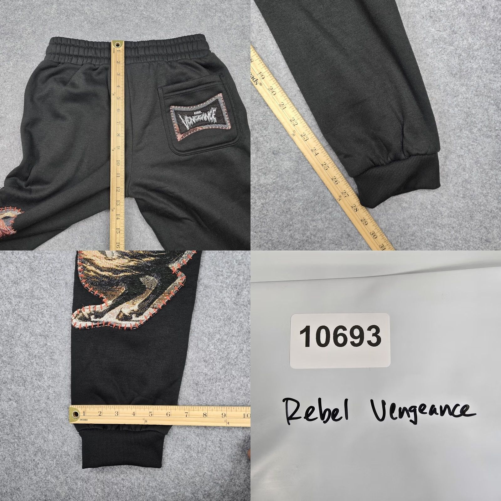 Vintage Rebel Vengeance Pants Mens Small Black Fleece Sweatpants Patchwork Size US 29 - 8 Thumbnail