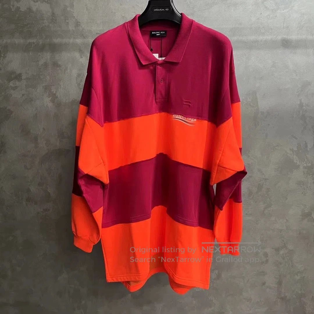 Balenciaga Red Orange Logo Long Sleeve Polo.