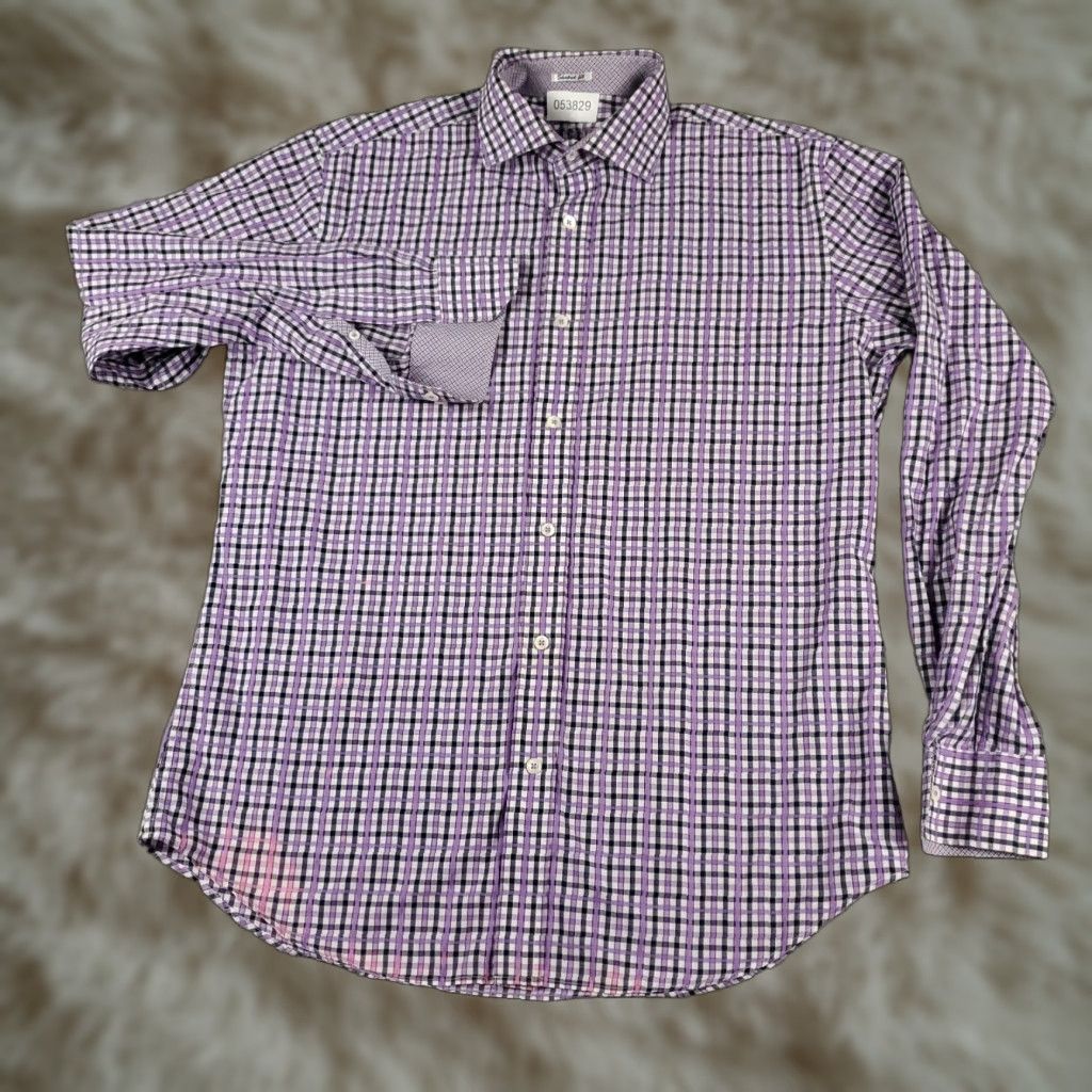 BUGATCHI Bugatchi Uomo Shirt Large Purple Plaid Button-Up Long Sleeve Mens Size US L / EU 52-54 / 3 - 1 Thumbnail