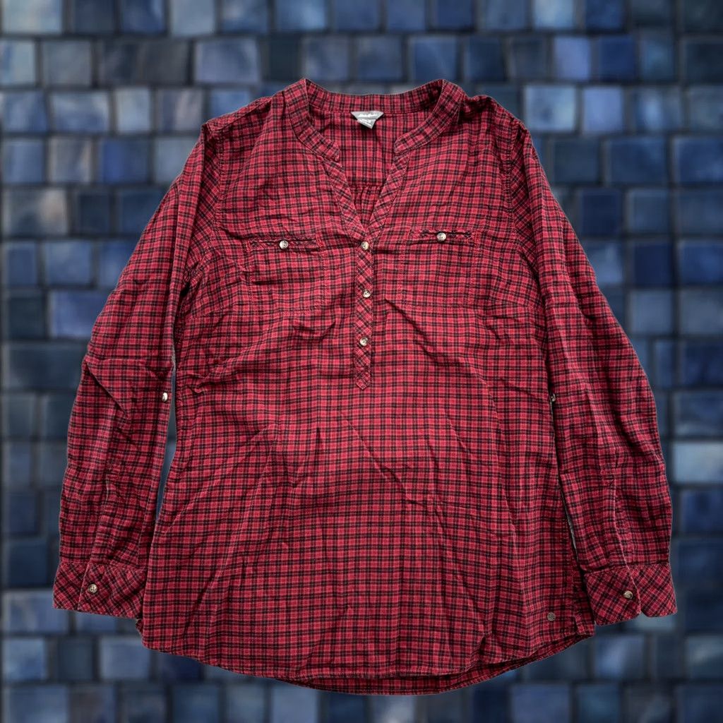Eddie Bauer Eddie Bauer Red Plaid Flannel Button Henley Roll Tab Sleeve Shirt Top Size M Womens Size M / US 6-8 / IT 42-44 - 1 Thumbnail