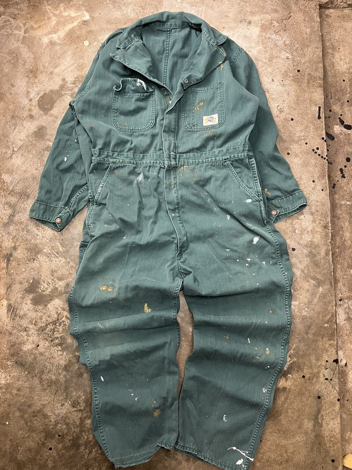 Vintage 60’s Blue Top Teal Green Herringbone Coveralls Size US 38 / EU 54 - 2 Thumbnail
