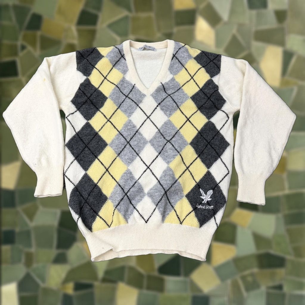 Lyle & Scott Lyle & Scott Sweater Womens Medium Cream Argyle V Neck 100% Lambswool Golf Knit Shirt Womens Size L / US 10 / IT 46 - 1 Thumbnail