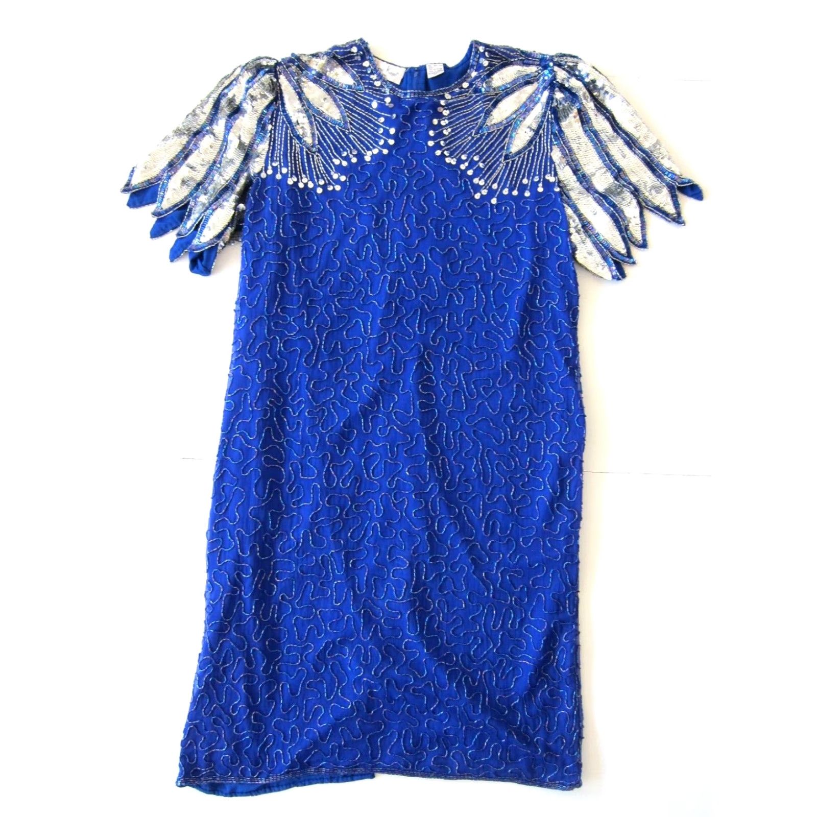Vintage VINTAGE Laurence Kazar 100% Silk Blue Silver Beaded Sequin Short Sleeve Tunic Dress 1X Size 40" / US 18 - 2 Thumbnail