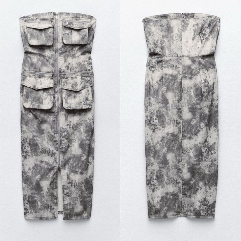 Zara NWT ZARA 100% Cotton Strapless Printed Cargo Midi Dress Size XS / US 0-2 / IT 36-38 - 1 Thumbnail