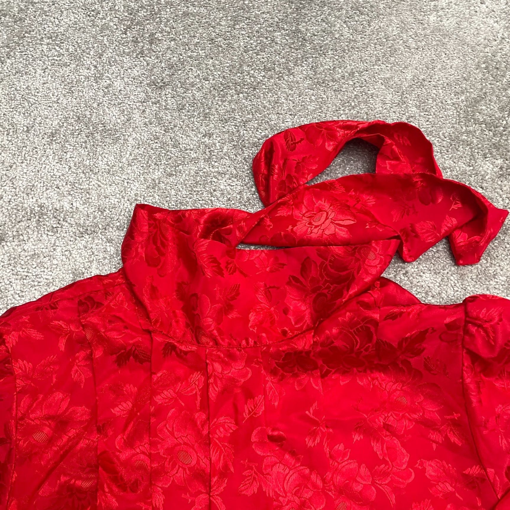 Vintage SK & Company Blouse Adult L Red Floral Satin Mock Neck Long Sleeve Tie Size L / US 10 / IT 46 - 3 Thumbnail