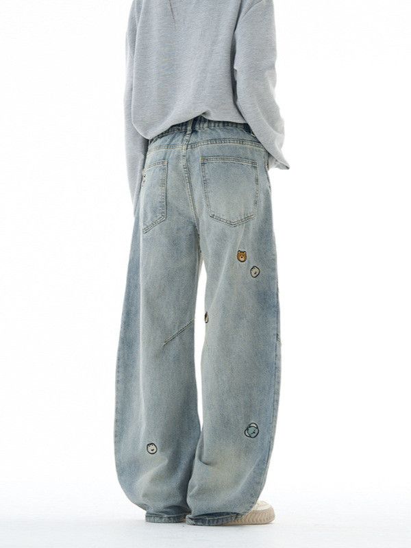 Japanese Brand Men's American Retro Washed Cartoon Bear Embroidered Jeans Size US 32 / EU 48 - 2 Thumbnail