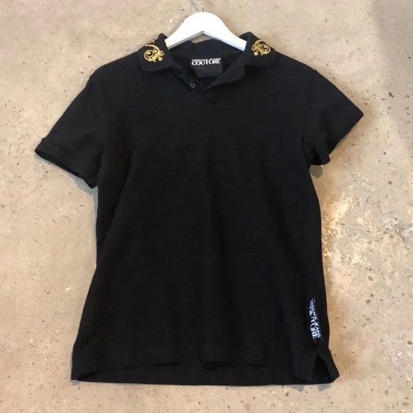 Versace Jeans Couture Black Cotton Baroque Collar Polo