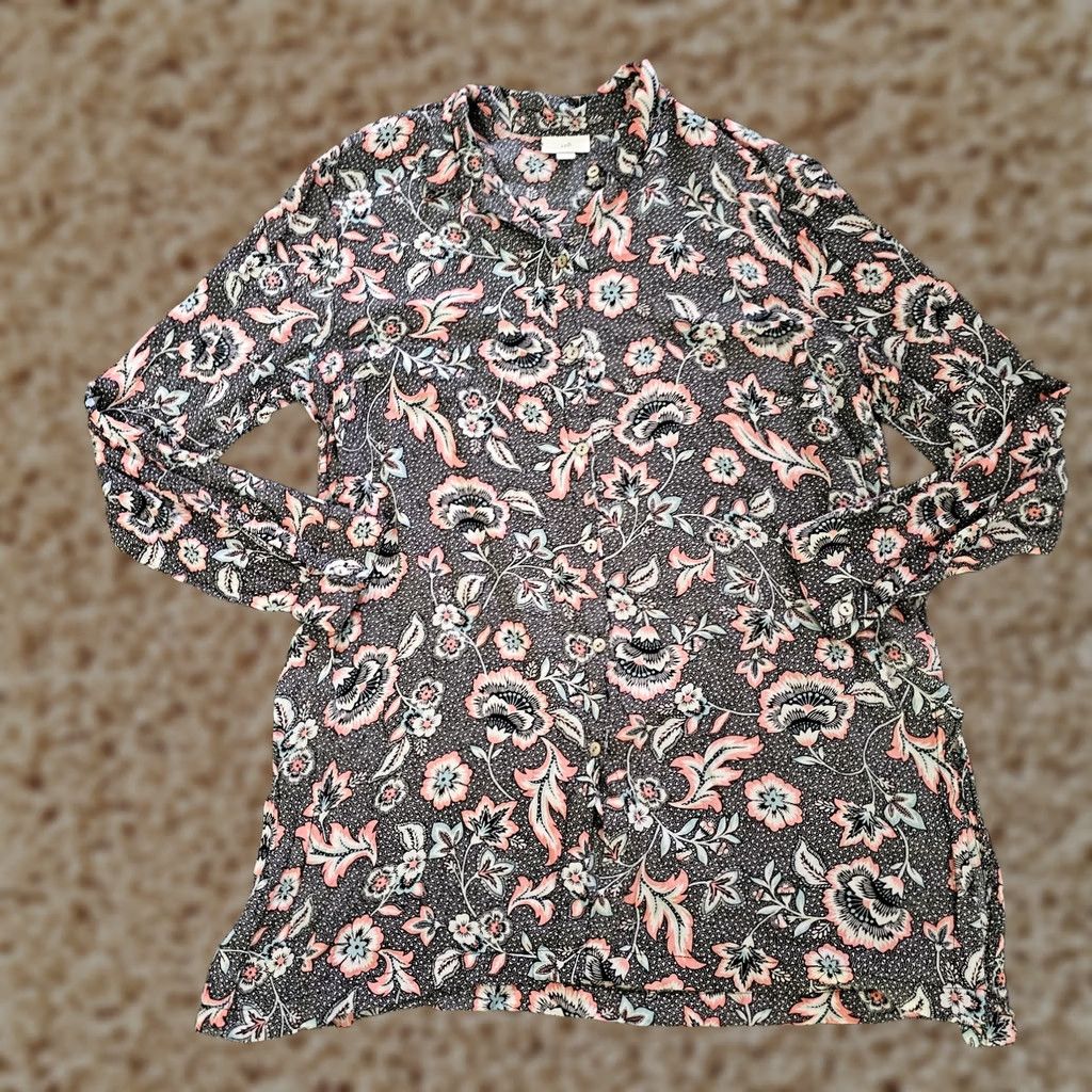 J. Jill J. Jill Blouse Tunic Women L Black Pink Floral Button Long Sleeve Collared Career Shirt Size L / US 10 / IT 46 - 1 Thumbnail