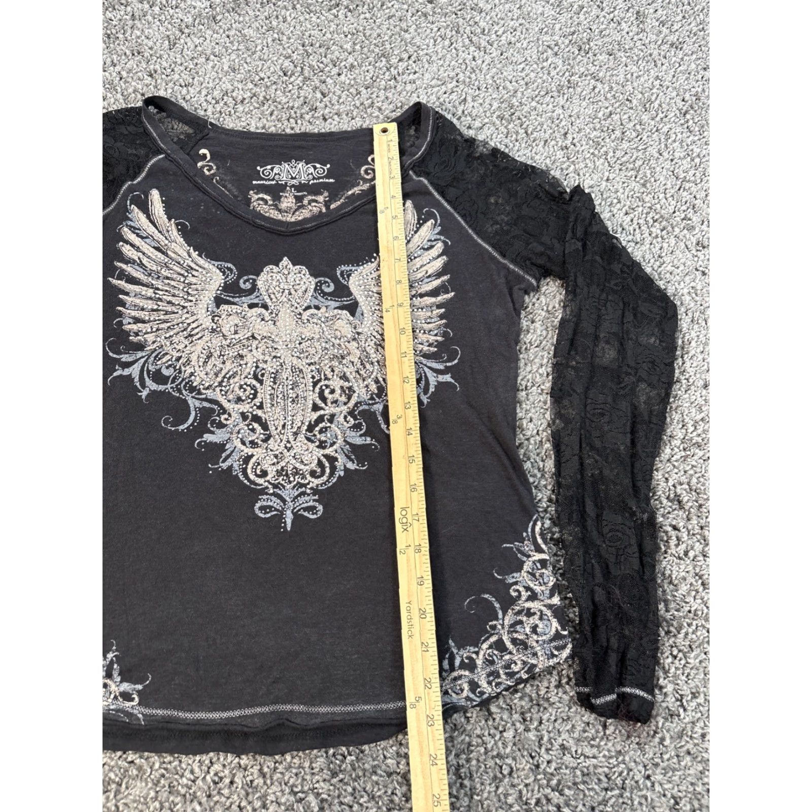 Vintage VINTAGE Maurices Shirt Womens Large L Black Lace Rhinestone Wings Y2K Round Neck Longsleeve Shirt Womens Large Rhinestone Lace Sleeve Wings Y2K Size L / US 10 / IT 46 - 2 Thumbnail