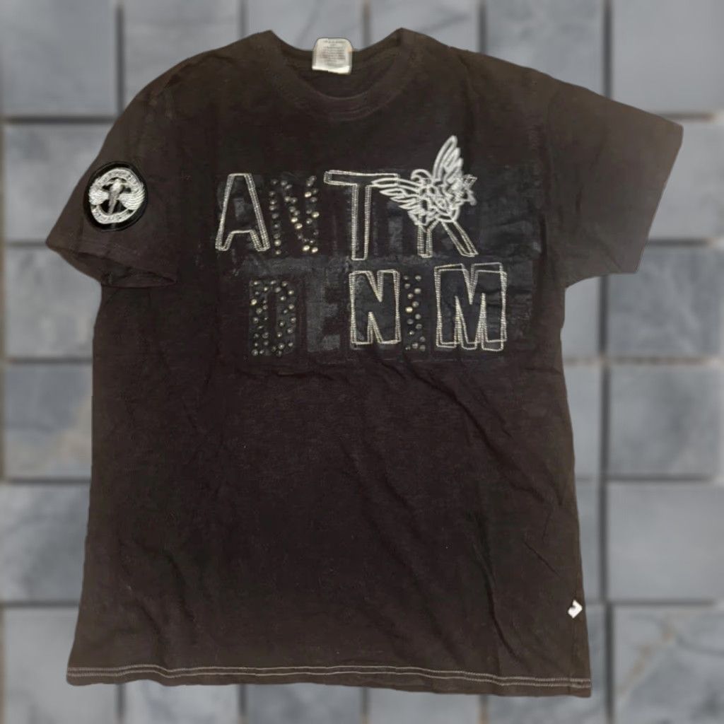 Denime VINTAGE Anti Denim T-Shirt Black XXL 22x29 Motorcycle Graphic Rhinestone Y2K 90s Grunge Harley Grit Americana Mens Shirt Size US XXL / EU 58 / 5 - 1 Thumbnail