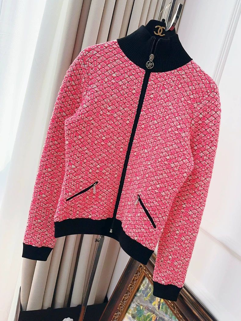Chanel Pink with white letter logo wool zipper jacket