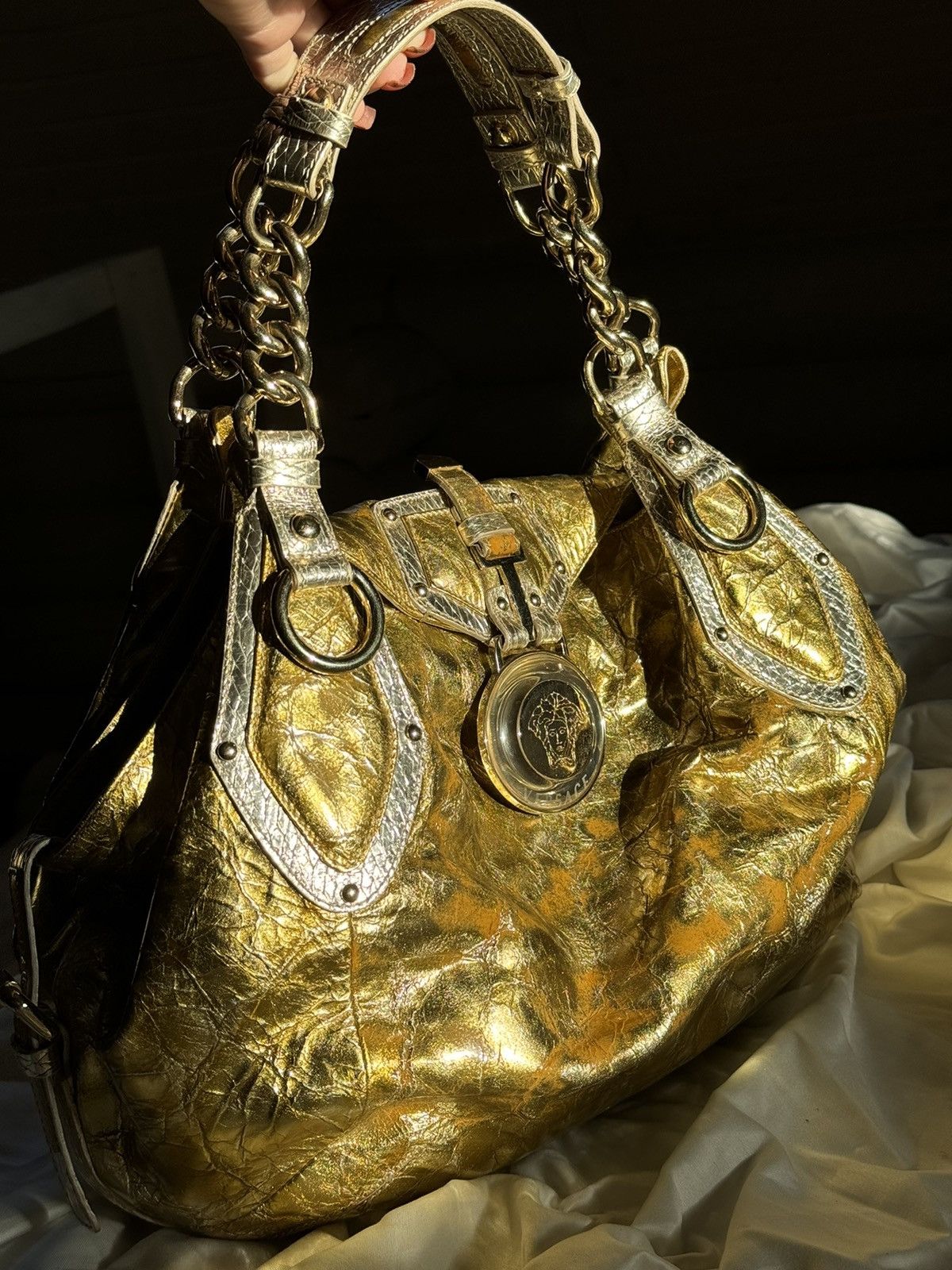 Grailed × Versace Versace Gold/Silver Leather Satchel Bag shoulder Y2K Rare Size ONE SIZE - 3 Thumbnail