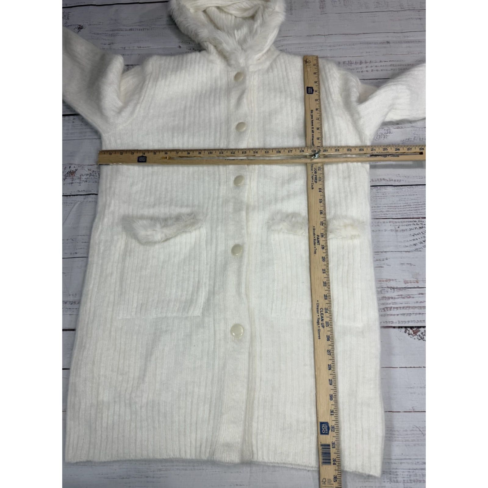 Vintage Fully Fashion Angora Blend White Knit Coat Jacket Hooded Button Up Sz L Women’s Long Sleeve Fleece Knit Coat Jacket Hooded White (Angora) Size L / US 10 / IT 46 - 2 Thumbnail