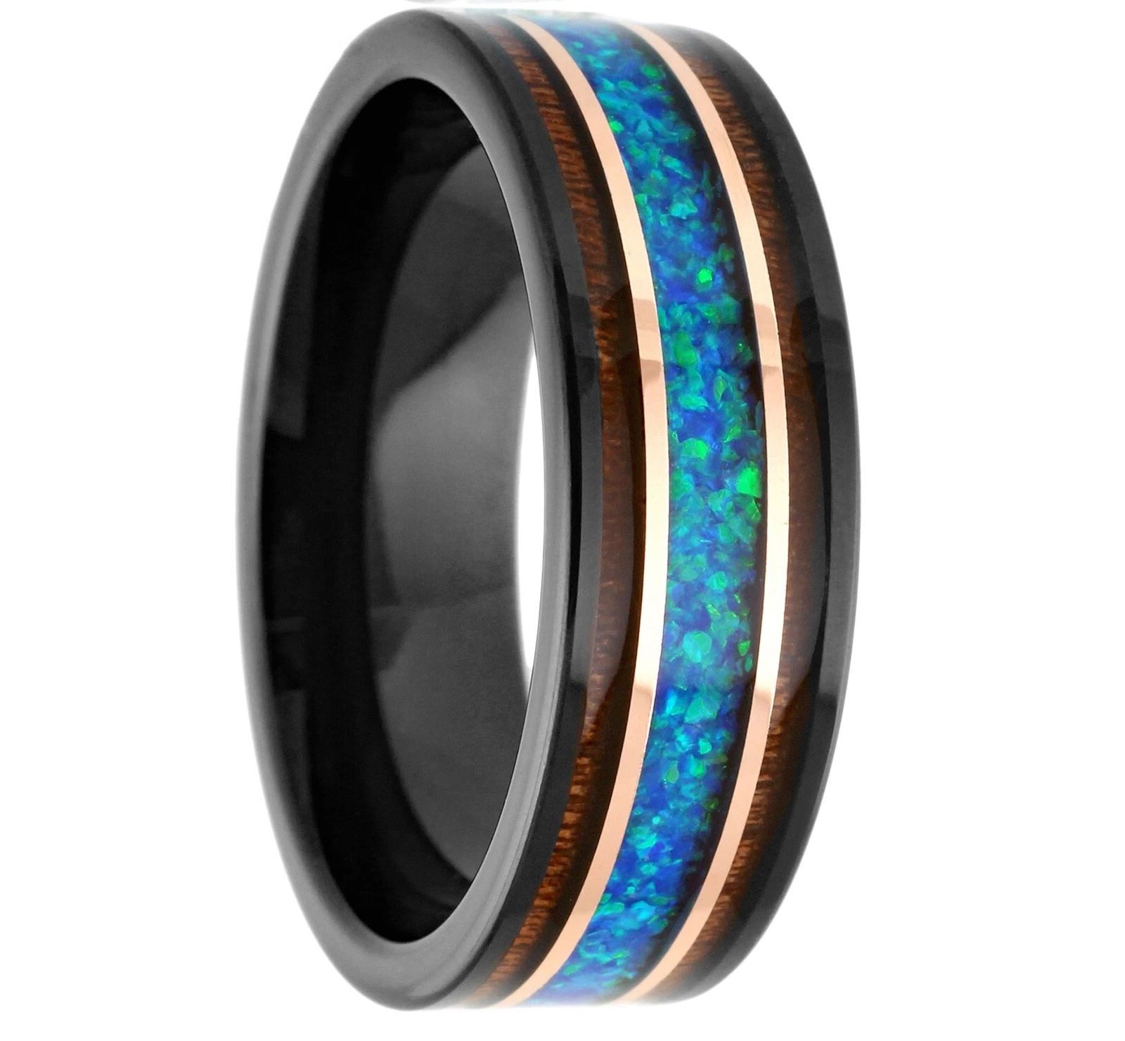 Other Black & Rose Gold Tungsten Carbide Ring Blue Opal Rosewood Size ONE SIZE - 2 Thumbnail