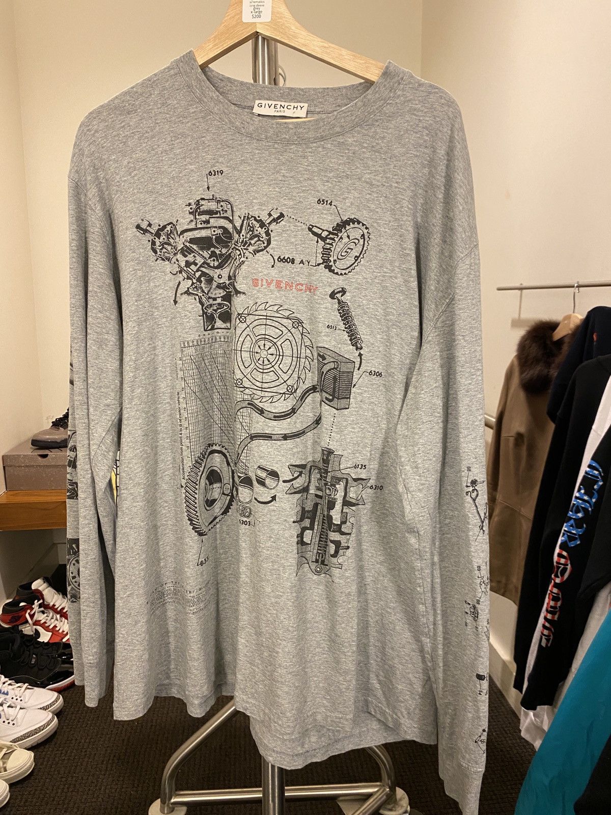 image of Givenchy Schematics Long Sleeve Tee XL in Grey, Men's