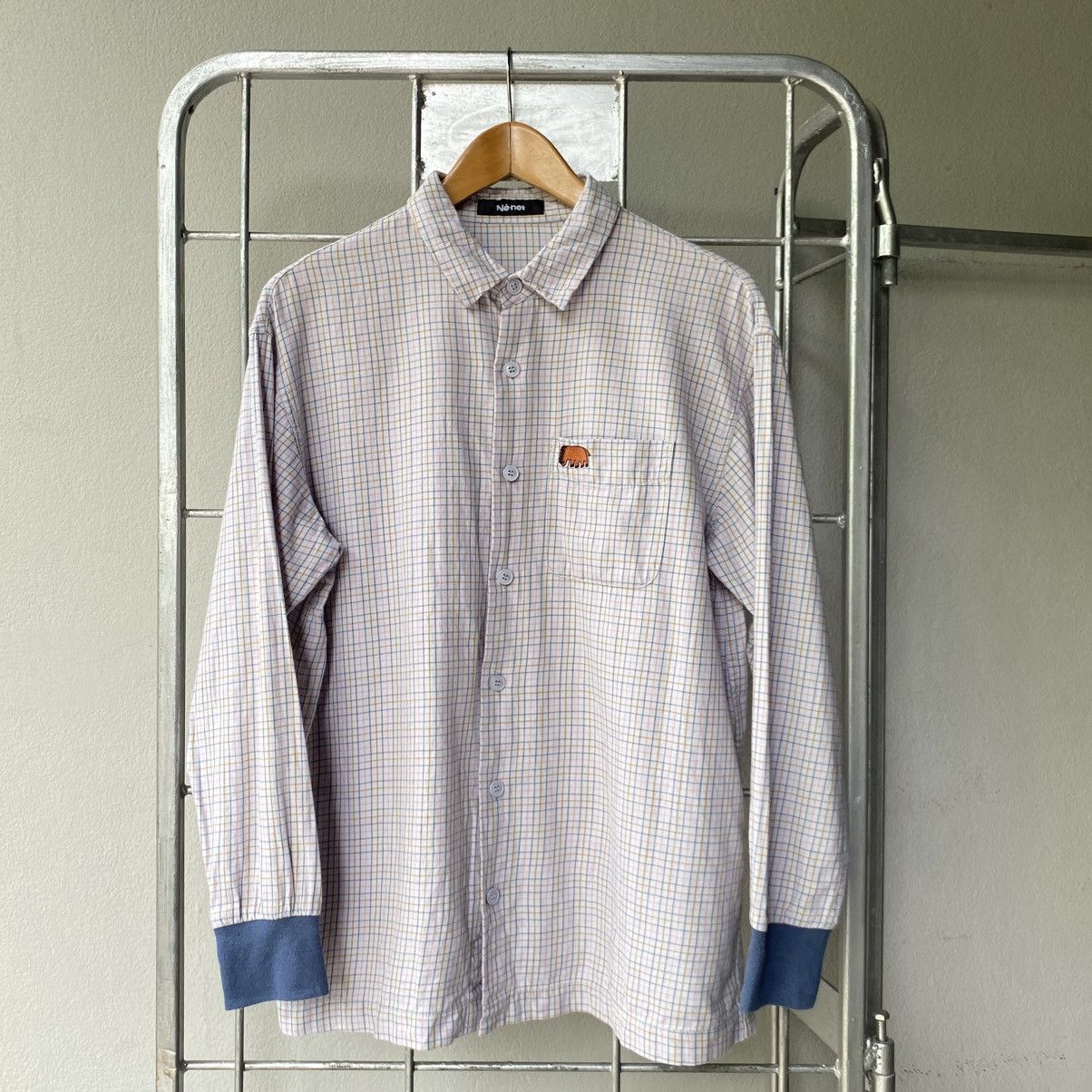 Né-net Checkered Long Sleeve Shirt with Bear Embroidery