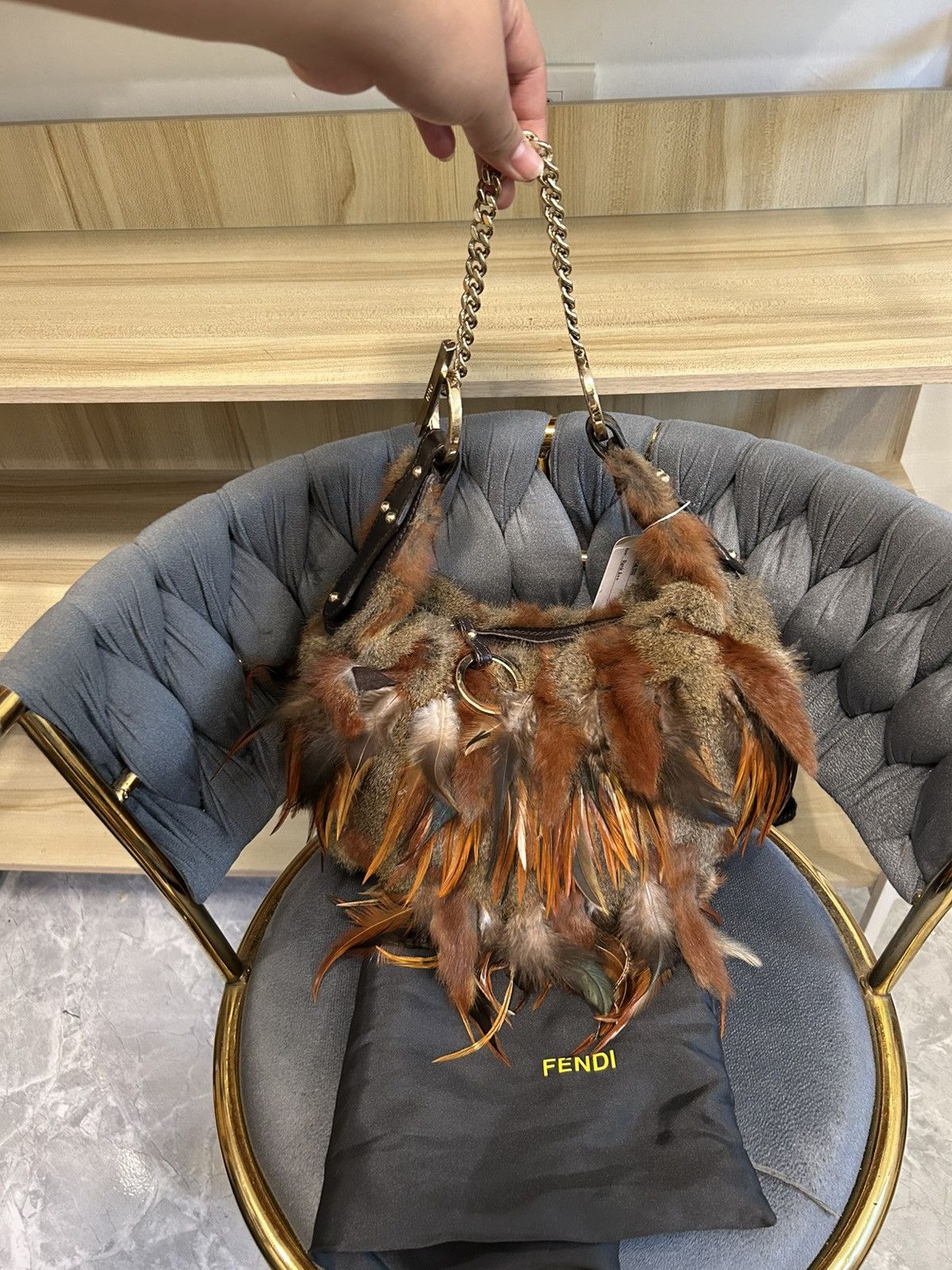 Fendi Fendi Feather & Rabbit Fur Small Croissant Chain Hobo Size ONE SIZE - 1 Thumbnail