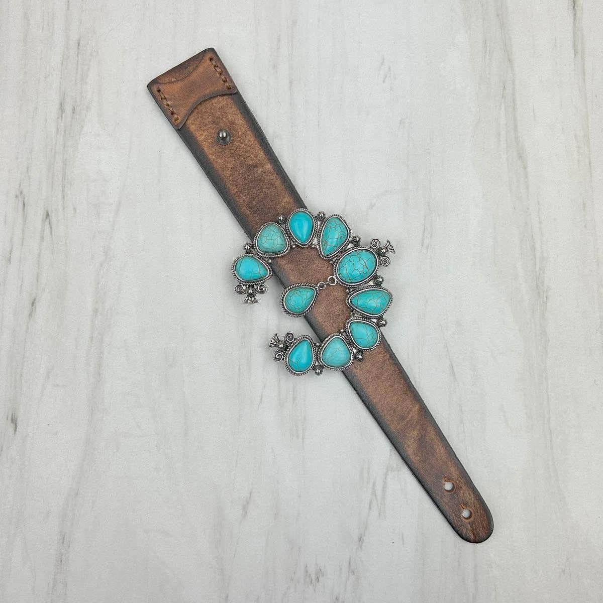 Other Brown Leather Bracelet with Large Blue Turquoise Blossom Des Size ONE SIZE - 4 Thumbnail