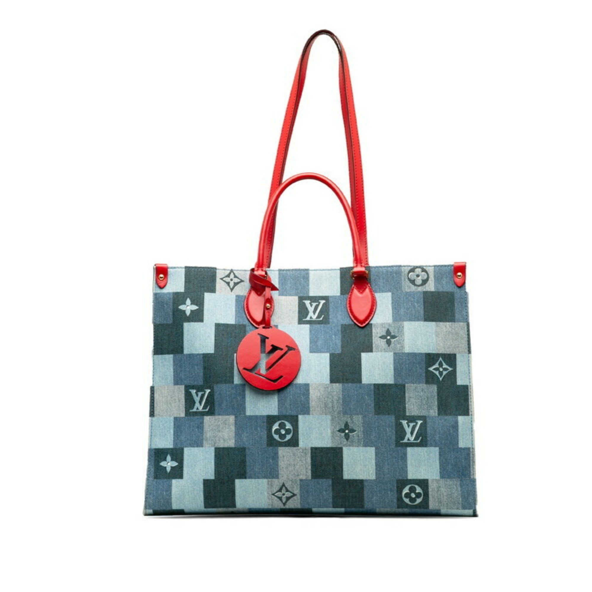 Louis Vuitton Louis Vuitton Monogram Denim On the Go GM Tote Bag Shoulder M44992 Blue Red Leather Women's LOUIS VUITTON Size ONE SIZE - 1 Thumbnail