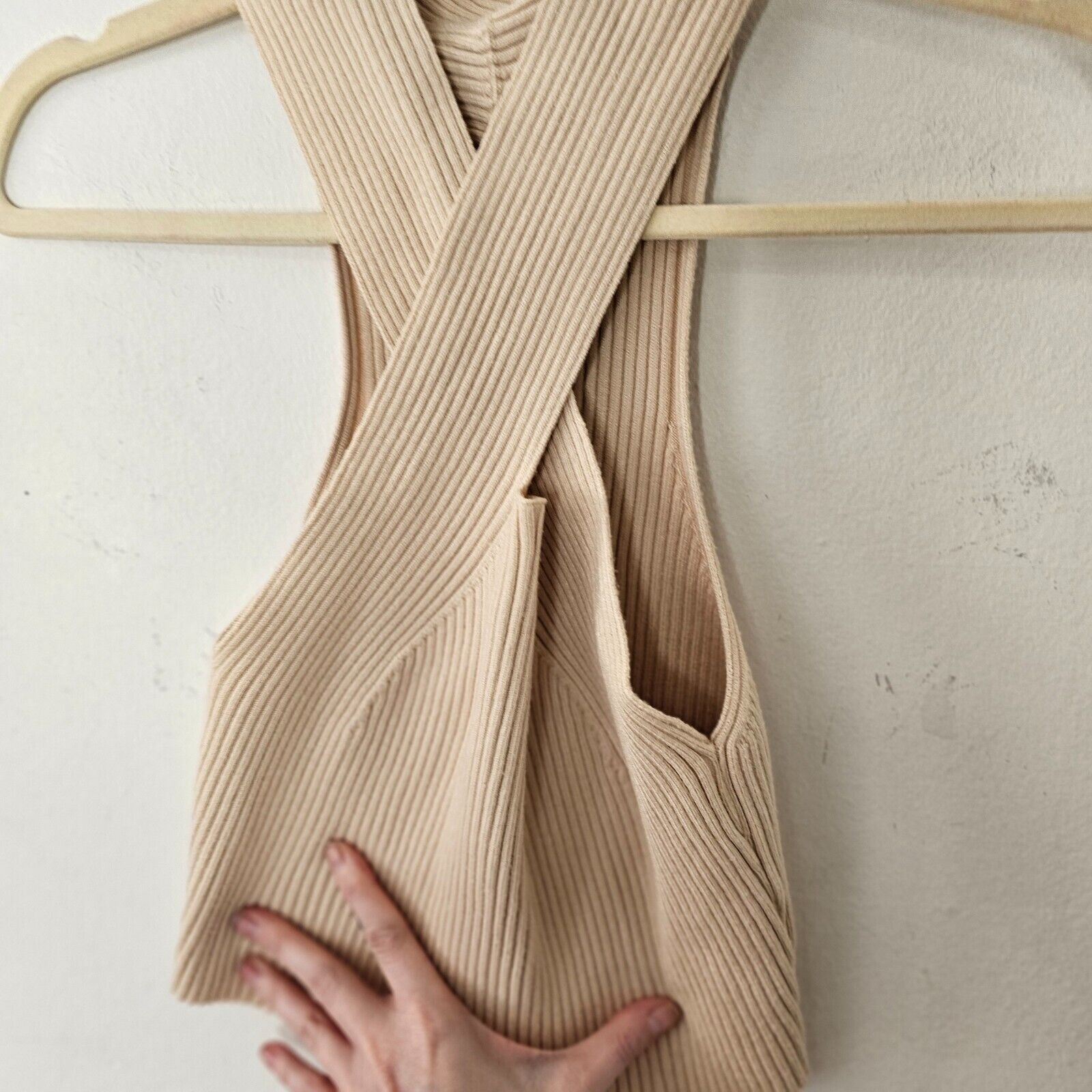 Cider Cider Beige Rib Sleeveless Criss Cross Front Halter Crop Top Size XL / US 12-14 / IT 48-50 - 5 Thumbnail