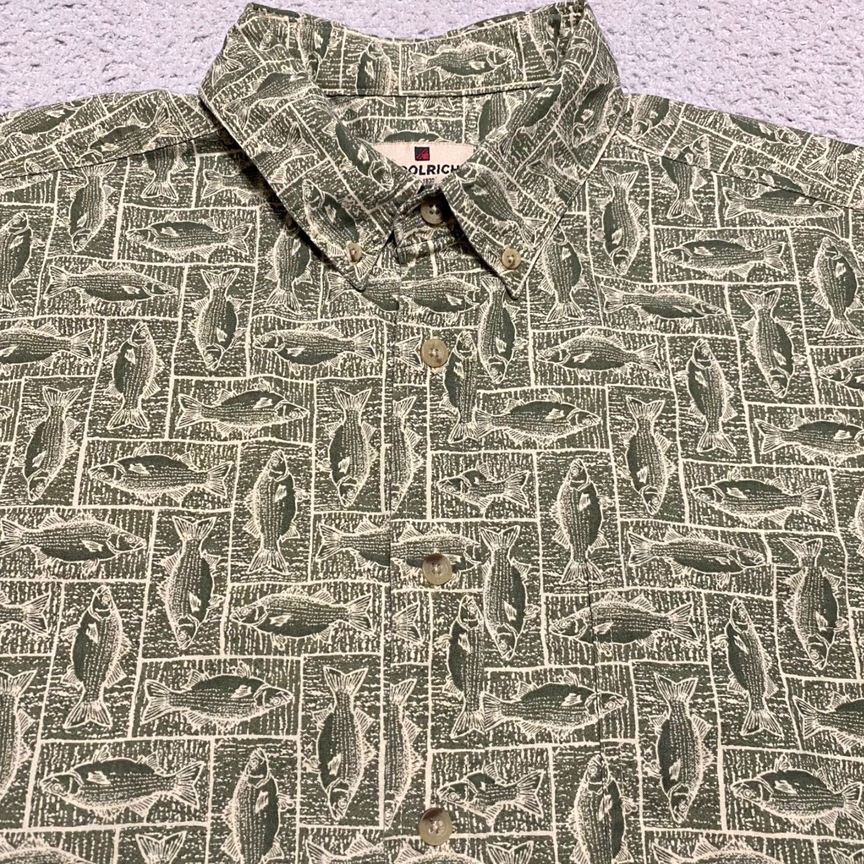 Vintage Woolrich Shirt XL Mens Green Fish Print Button-Up Short Sleeve 100% Cotton Size US XL / EU 56 / 4 - 6 Thumbnail