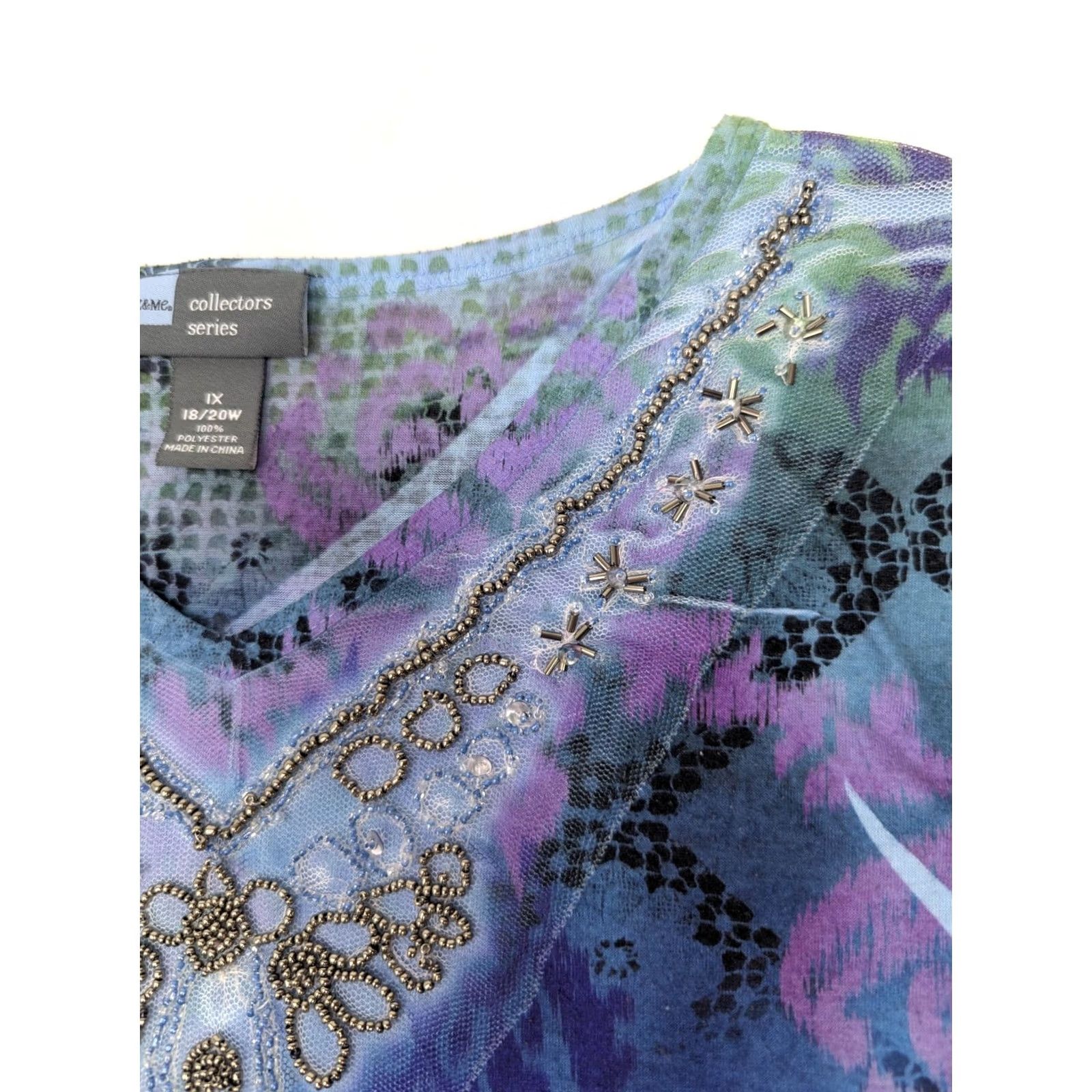 Vintage Liz & Me Blouse Shirt Womens 1X Plus Size Blue Beads Stones Knit V-Neck Short Sleeve Abstract Pattern Lightweight Casual Workwear Summer Fall Spring Size XL / US 12-14 / IT 48-50 - 5 Thumbnail