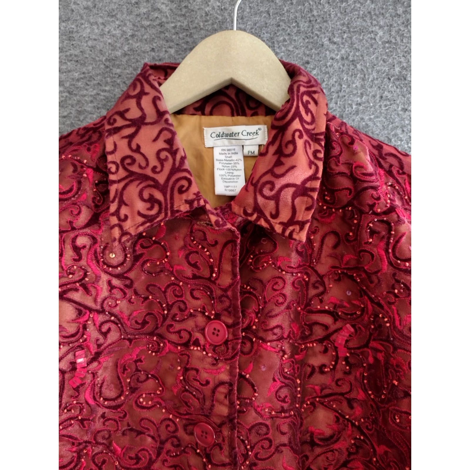 Coldwater Creek VINTAGE Coldwater Creek Beaded Jacket Blazer Velvet Burnout Women's PM Burgundy Floral 90s Jacket Mens Womens Size M / US 6-8 / IT 42-44 - 3 Thumbnail