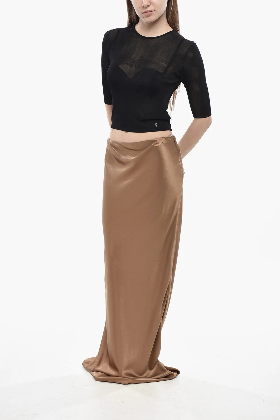 Saint Laurent Paris og1mm0326 Silk Satin Skirt in Brown Size 28" / US 6 / IT 42 - 4 Thumbnail