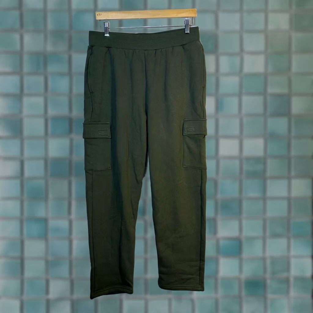 Vintage American Giant Cargo Sweatpants Green Fleece Lined Joggers High Rise Women L Size 29" - 1 Thumbnail