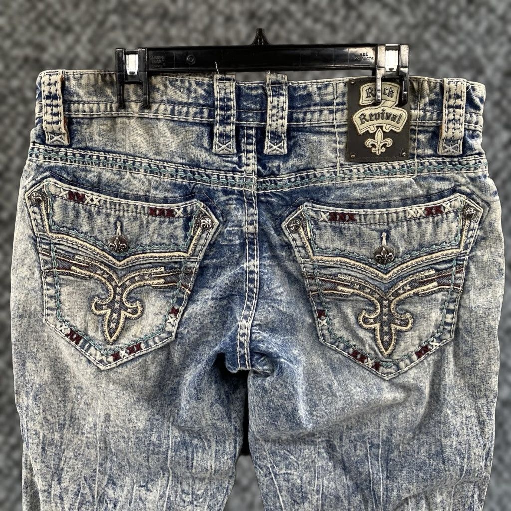 VINTAGE Rock Revival Jeans Men Bootcut 34x31 Blue Denim Y2K Punk