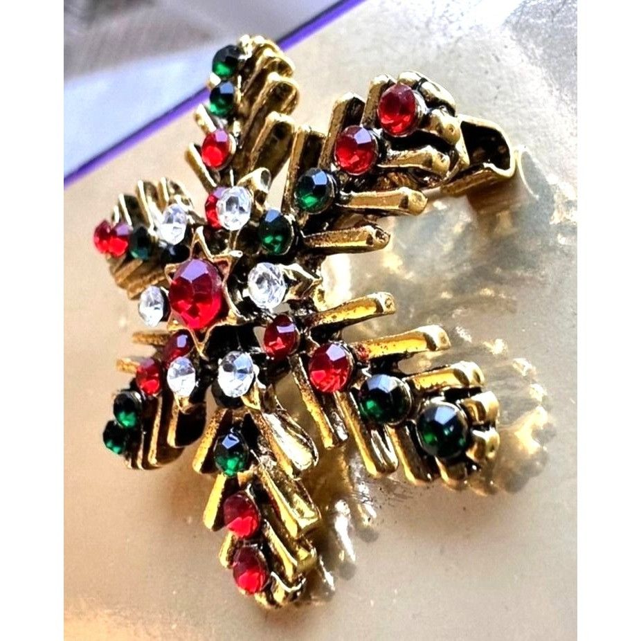 Handmade Christmas Snowflake Brooch Pin Star Red Green Crystal Accent Size ONE SIZE - 10 Thumbnail