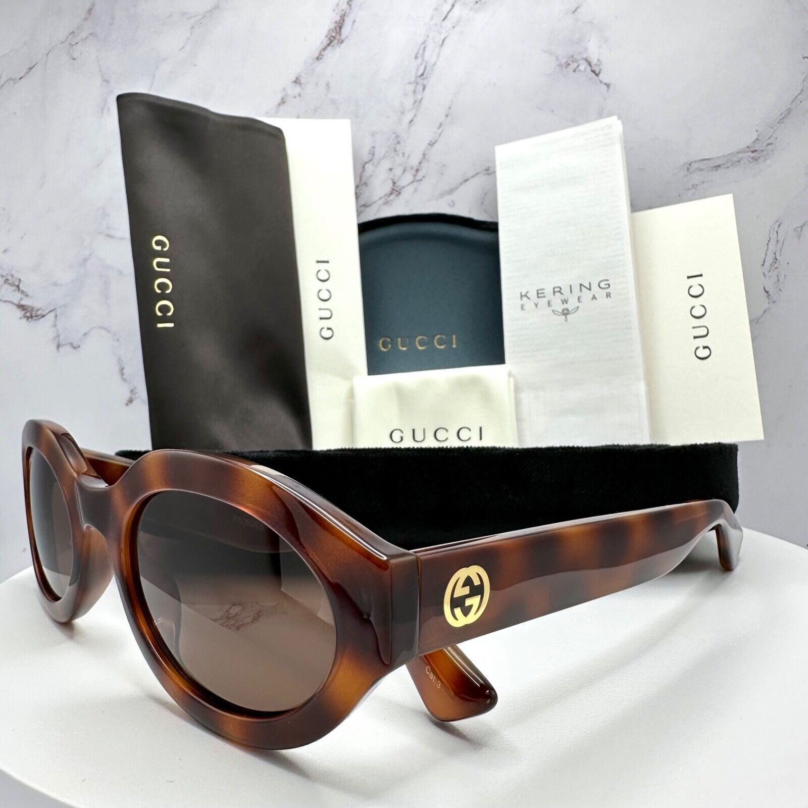 Gucci New GUCCI Sunglasses Brown Tortoise Oval Gold GG Logo Size ONE SIZE - 18 Thumbnail