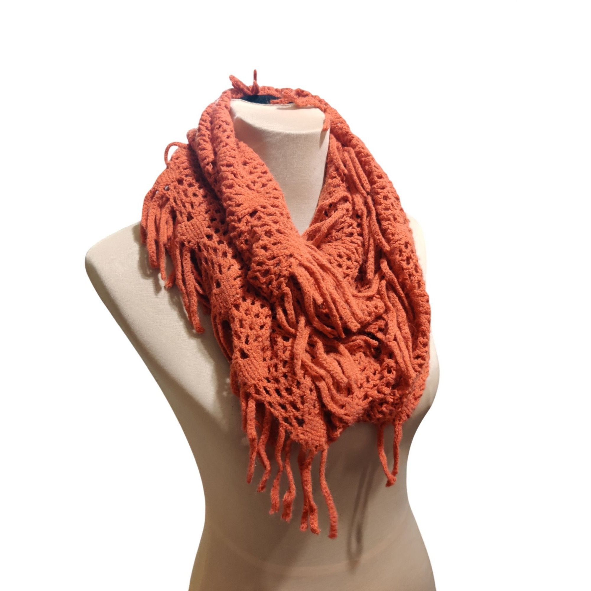 Other Rust Crochet Infinity Scarf Open Weave Fringe Loop Boho Dese Size ONE SIZE - 8 Thumbnail