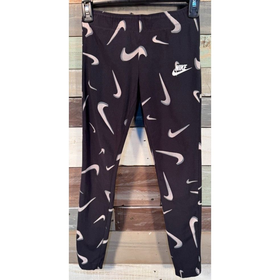 Nike Girl's NIKE Logo Swoosh Black Capri Leggings LARGE Used Size 22" - 2 Thumbnail