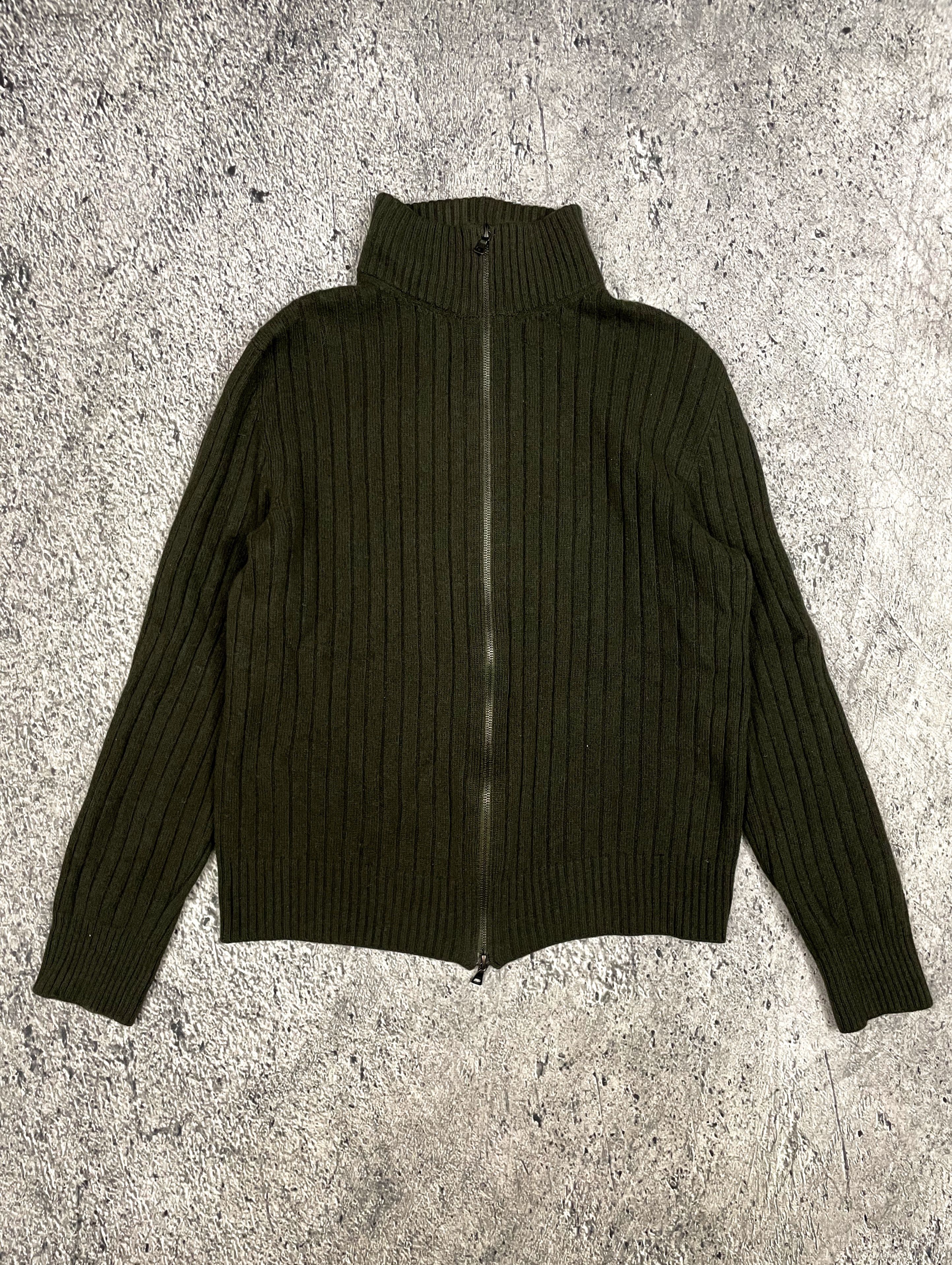 Image of Prada Double Zip Wool Ribbed Turtleneck Cardigan in Moss Green, Men's (Size Small)