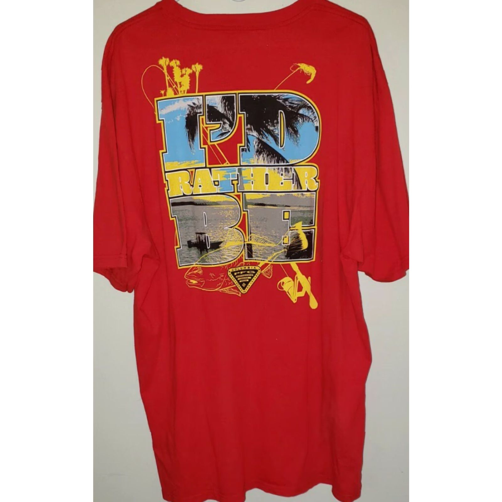 Vintage Columbia PFG Men's Red T-Shirt XLT Long Tail "I'd Rather Be Redfishing" Crew Neck Short Sleeve Cotton Logo Fishing Scene Size US XL / EU 56 / 4 - 2 Thumbnail