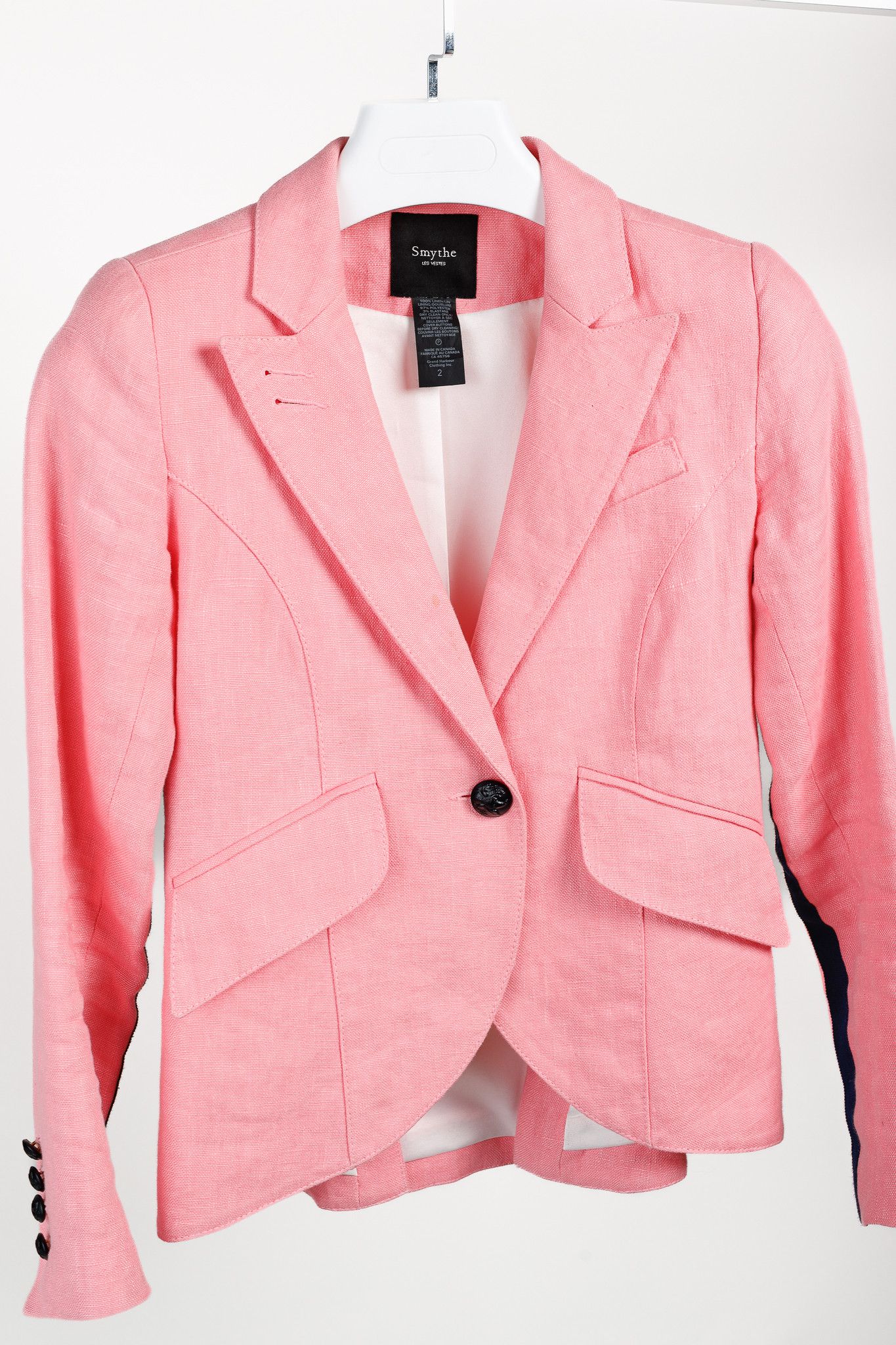 SMYTHE Smythe Linen One Button Navy Grosgrain Tux Stripe Blazer Size XS / US 0-2 / IT 36-38 - 3 Thumbnail