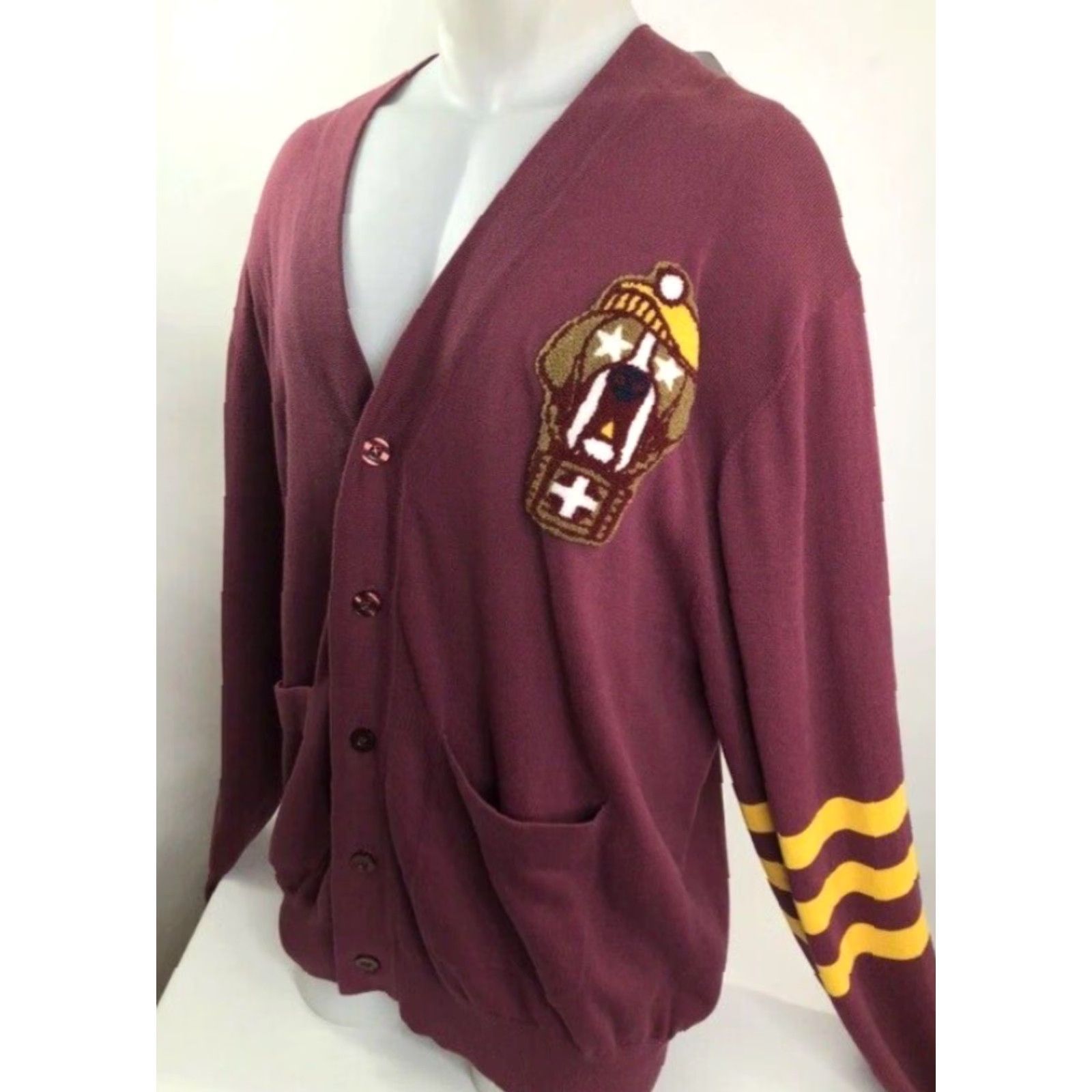 NANGA PLAY CLOTHS Our Gang Dog Cardigan Varsity Sweater - XL Burgundy Embroidered - Men Tee? Size US XL / EU 56 / 4 - 2 Thumbnail