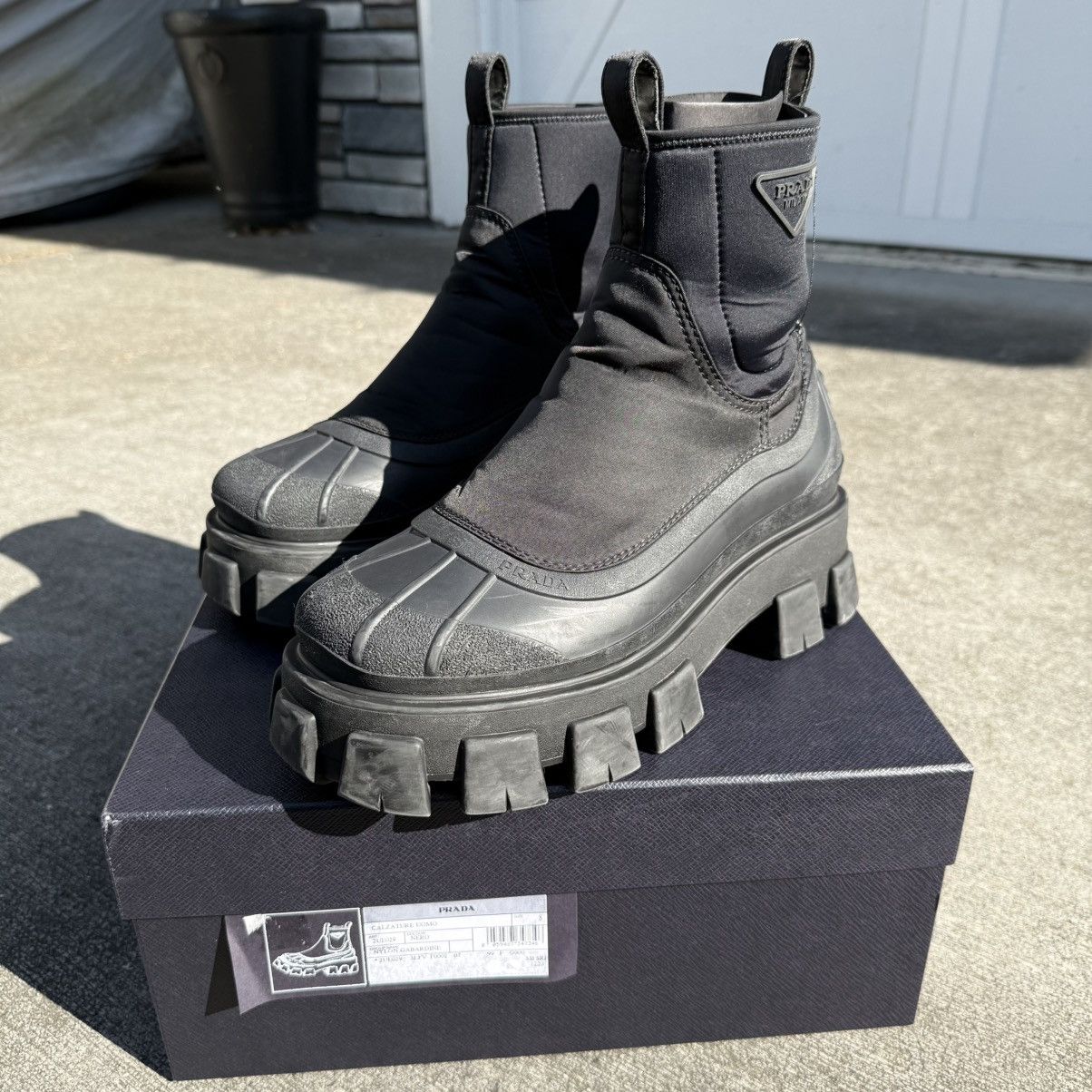 Pre-owned Prada Monolith Re-nylon Gabardine Duck Boot (black)