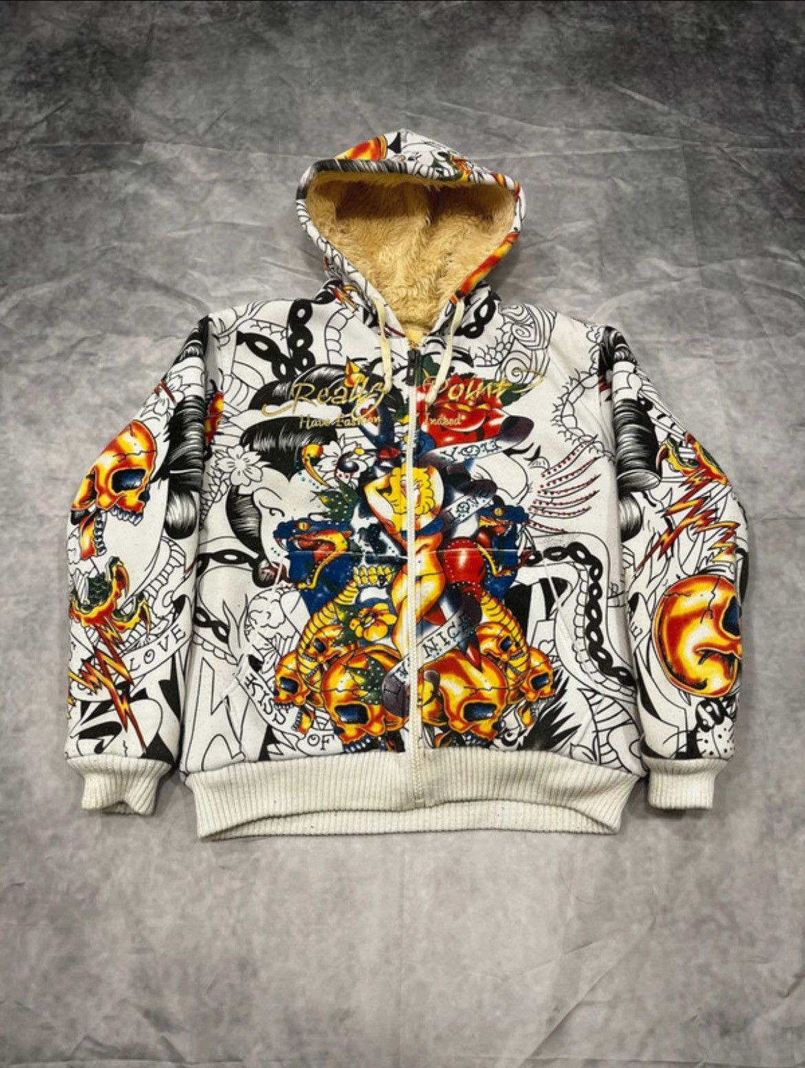 Vintage Really Point Ed Hardy Style Vintage Y2K Fur Zip Hoodie