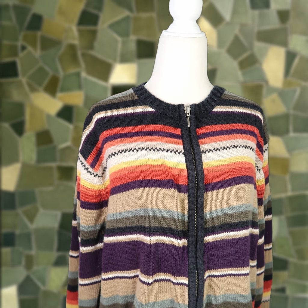 Style & Co VINTAGE 90s Style & Co Tan Stripe Knit Zip Front Cardigan Sweater L Women Modern Casual Knit Shirt Size L / US 10 / IT 46 - 1 Thumbnail