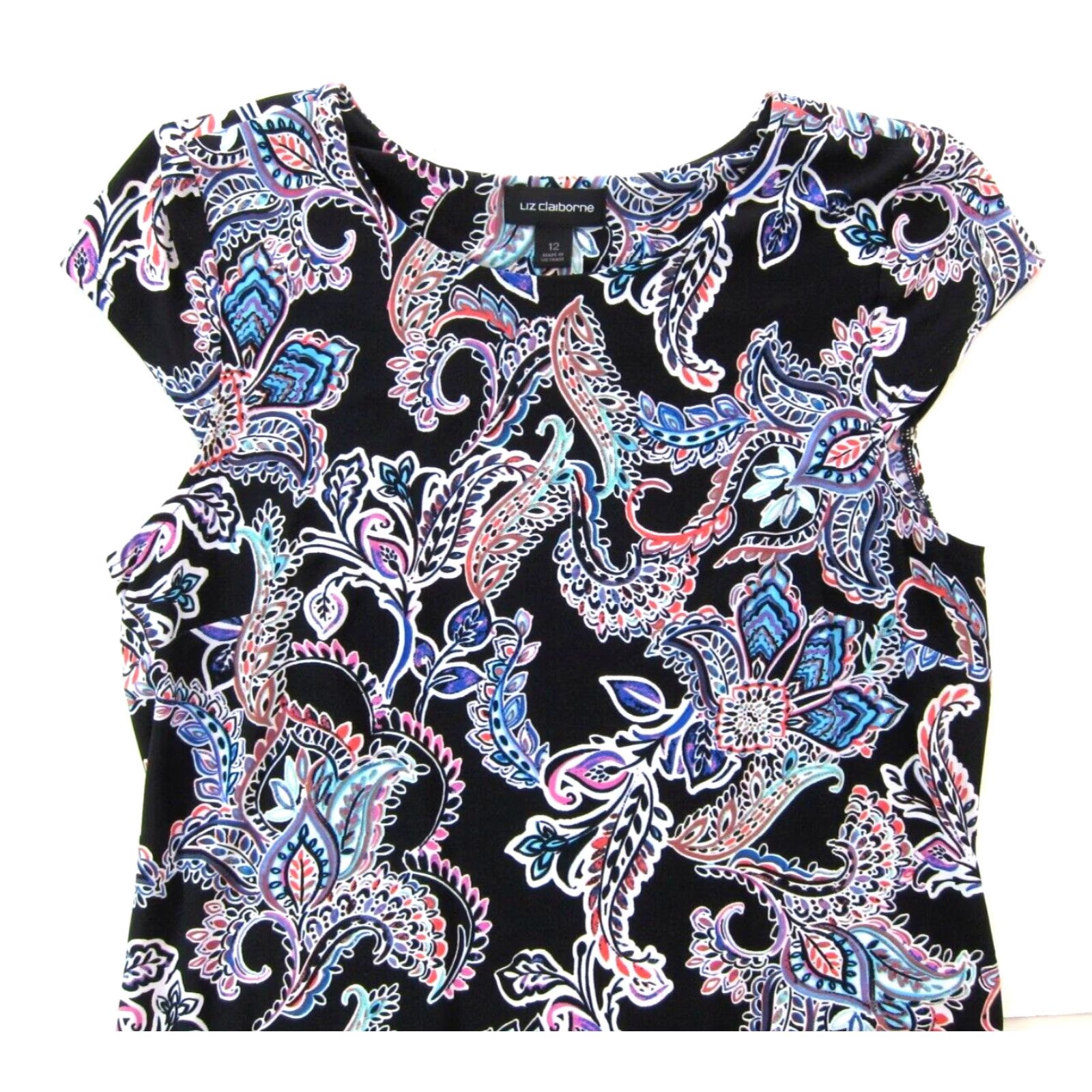 Liz Claiborne Liz Claiborne Shift Dress Cap Sleeve Black 12 Women's Paisley Floral Stretch Knee Length Size XL / US 12-14 / IT 48-50 - 4 Thumbnail