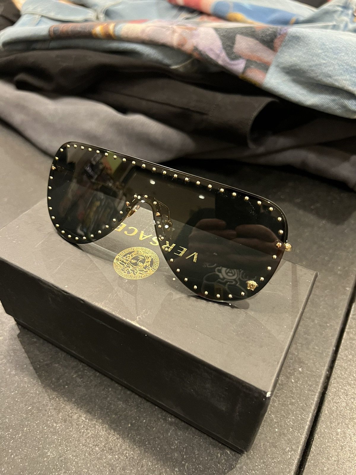 Versace Versace Black Gold Studs Sunglasses Size ONE SIZE - 1 Thumbnail